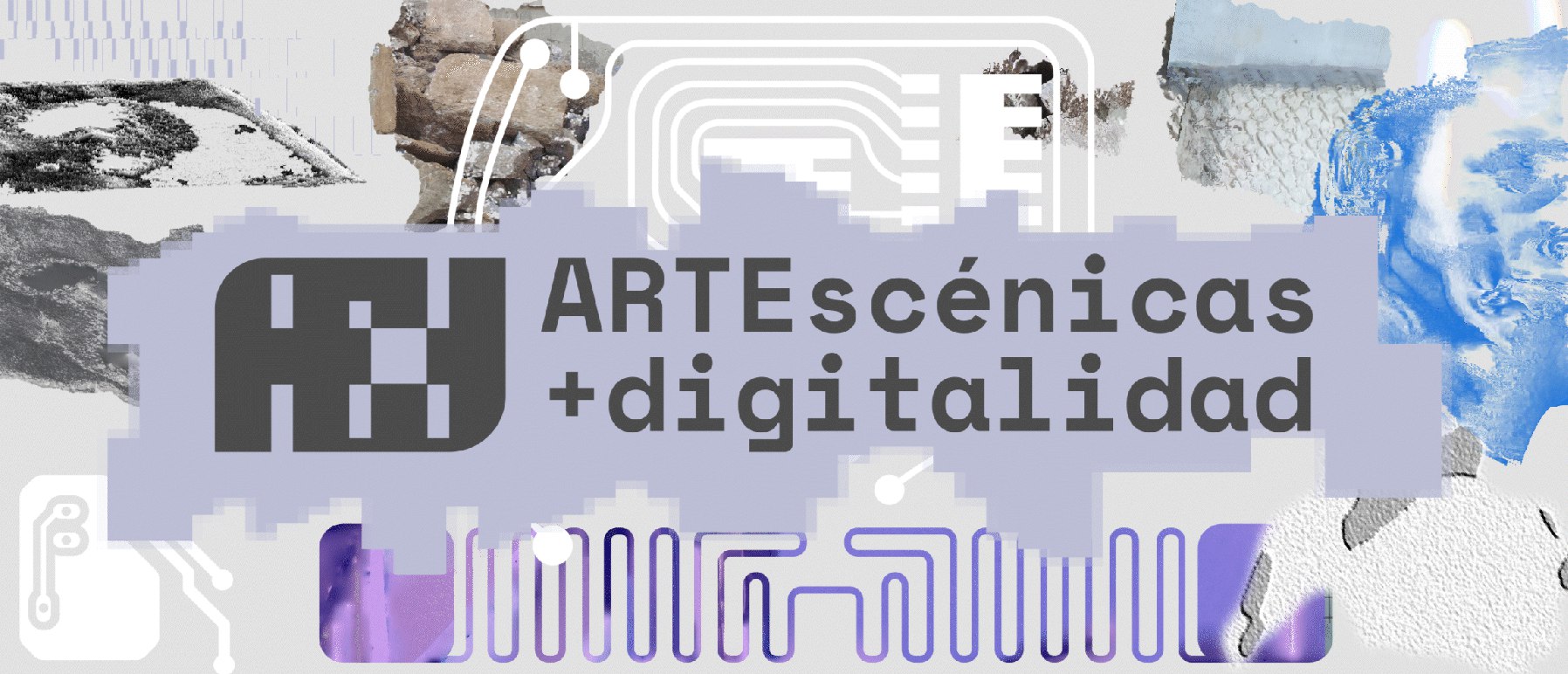 Design Logo "ARTEscénicas + digitalidad". Schwarze Letter auf fliederfarbenem Hintergrund