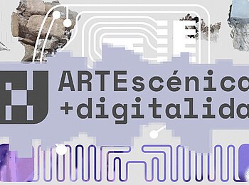 Design Logo "ARTEscénicas + digitalidad". Schwarze Letter auf fliederfarbenem Hintergrund