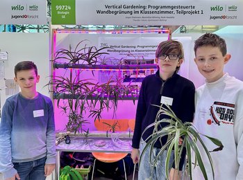 Drei Teilnehmer des Projekts "Programmgesteuerte Wandbegrünung im Klassenzimmer" freuen sich über den ersten Platz